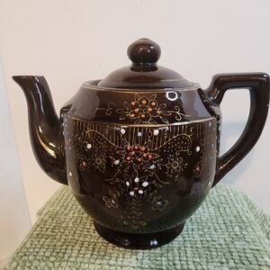 Vintage Japan Brown Teapot Hand Painted Gold Floral Enamel Dot 6in Midcentury